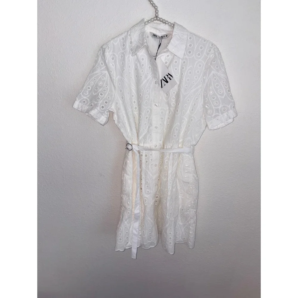 Zara Eyelet Shirt Dress medium White New Belted Scalloped Mini Embroidery - Picture 13 of 16